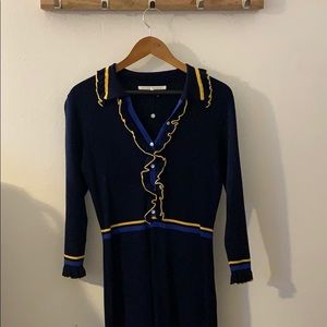 Blue Ruffle Body Con Knit Dress